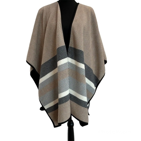 NICOLE Miller brown gray white striped poncho shawl cape - Picture 1 of 10